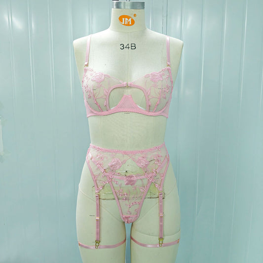 FREEDOMBEAUTY | European and American cross-border foreign trade new pink exquisite flower embroidered women's clothing with steel ring waist seal garter belt bra set
