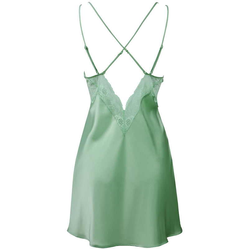 FREEDOMBEAUTY | FQ2866 Pure lace satin women's suspender cross nightdress summer thin high-end deep V Europe and America