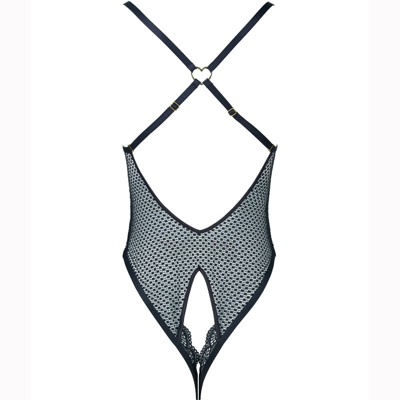 FREEDOMBEAUT | FQ2828 Flower Mesh Metal Heart Button Crotch onesie black sexy see-through female seduction sex cross