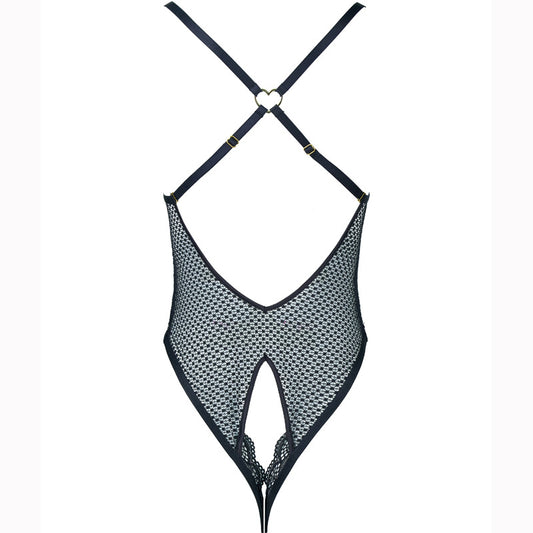 FREEDOMBEAUT | FQ2828 Flower Mesh Metal Heart Button Crotch onesie black sexy see-through female seduction sex cross