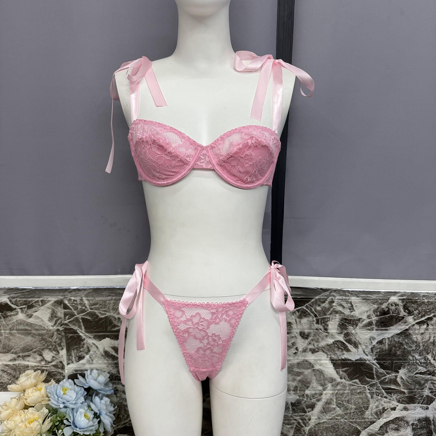 freedombeauty|Popular INS style romantic lace bow girl sexy perspective mesh with steel ring underwear women