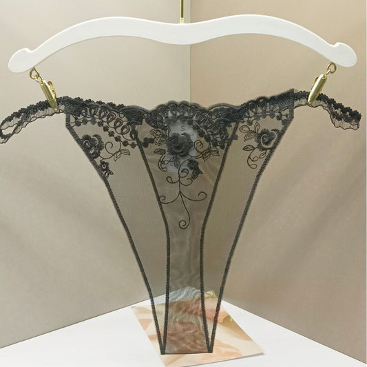 FREEDOMBEAUTY | Three-color mesh women's sexy rose embroidered thong transparent crotchless light t-word pants cross-border