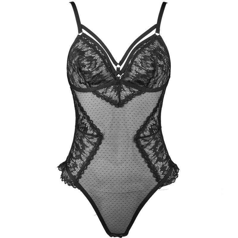 Freedombeauty | FQ2853 Bodysuit Sexy Transparent Steel Rim Lace Mesh Perspective Crotch Suspender Sex Underwear