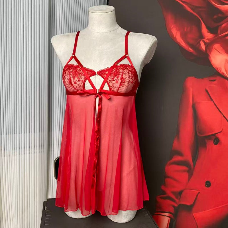 FREEDOMBEAUTY | FQ2874 Perspective mesh sex underwear suspender nightdress embroidery slit seduction suit women's cross-border straps Europe and America