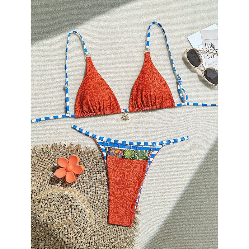 FREEDOMBEAUTY | 2025 new European and American color matching split swimsuit women's sexy lace-up bikini beach hot spring swimsuit