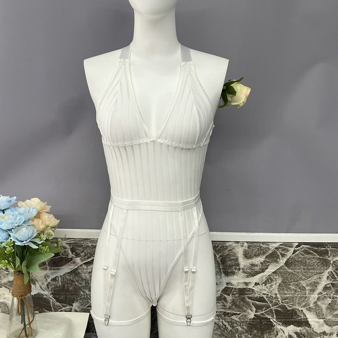 freedombeauty|Women's Striped Halter Perspective Mesh Splicing Shapewear