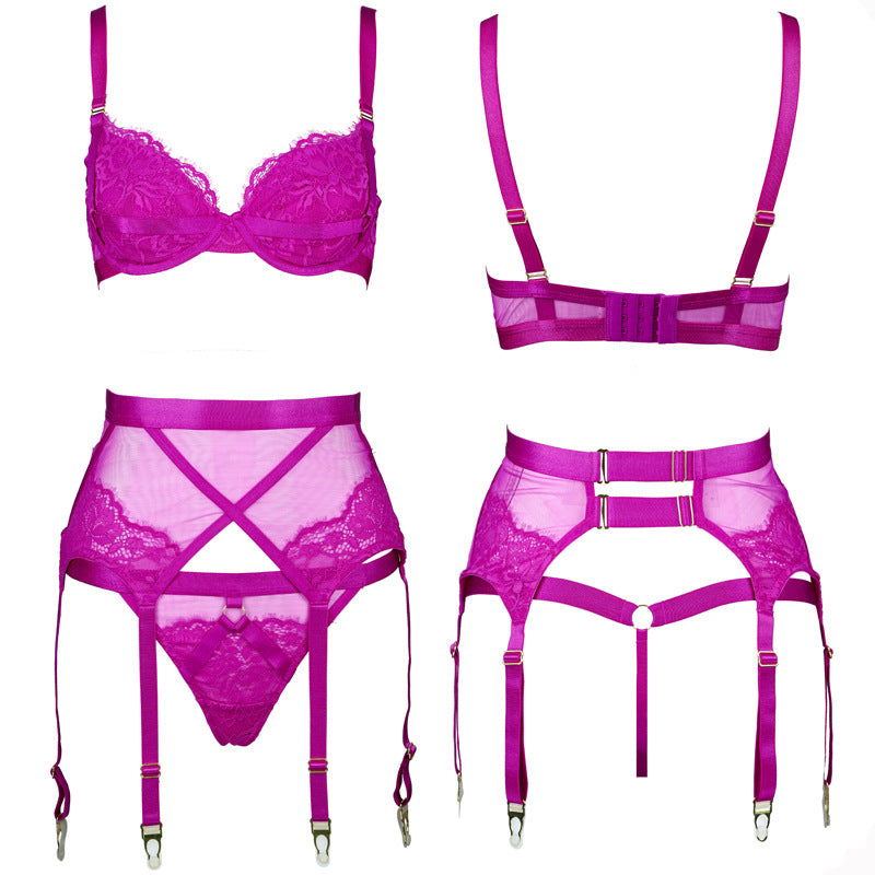 Freedombeauty | FQ2824 Lash Lace Elastic Memory Steel Rim Double Layer Micro-Collect Bra Set Garter Sparkle Mesh Black