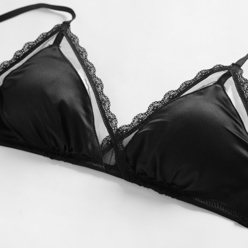 FREEDOMBEAUTY | Summer Sexy Underwear French Pure Desire Triangle Cup Steel Rim Free Bra Glossy Lace Small Breasts Gathering Underwear Set