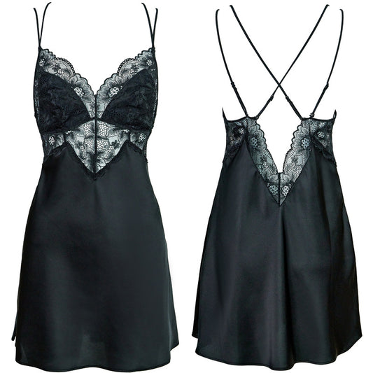 FREEDOMBEAUTY | FQ2866 Pure lace satin women's suspender cross nightdress summer thin high-end deep V Europe and America