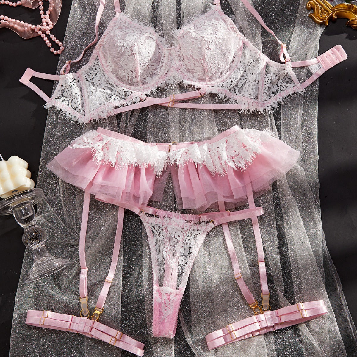 Freedombeauty | New hot-selling sex suit, lace pleated skirt, garter belt, sexy underwear four-piece set