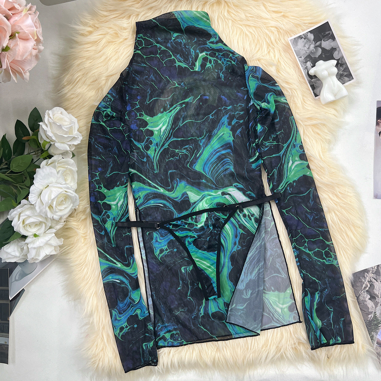 freedombeauty|New sexy turtleneck long-sleeved mesh tie-dye dress wholesale