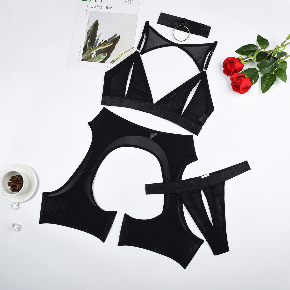 Freedombeauty | Sexy solid color splicing mesh underwear perspective hollow back low chest sex four-piece set