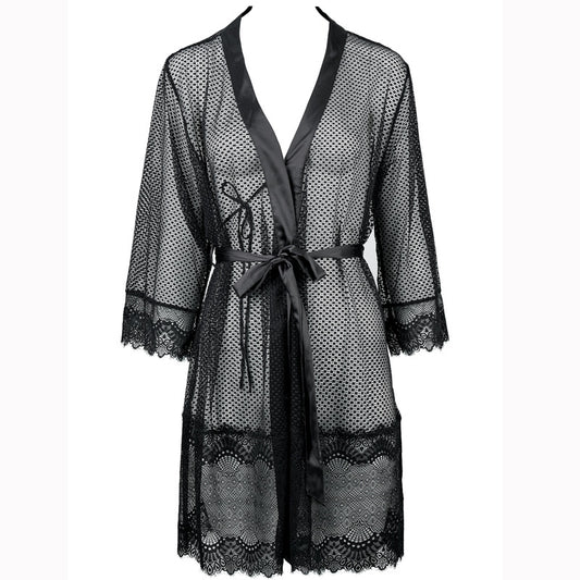 FREEDOMBEAUTY | FQ2830 Flower mesh micro-elastic satin hemming eyelash lace medium sleeve nightgown private room pajamas can be matched with nightgown sexy