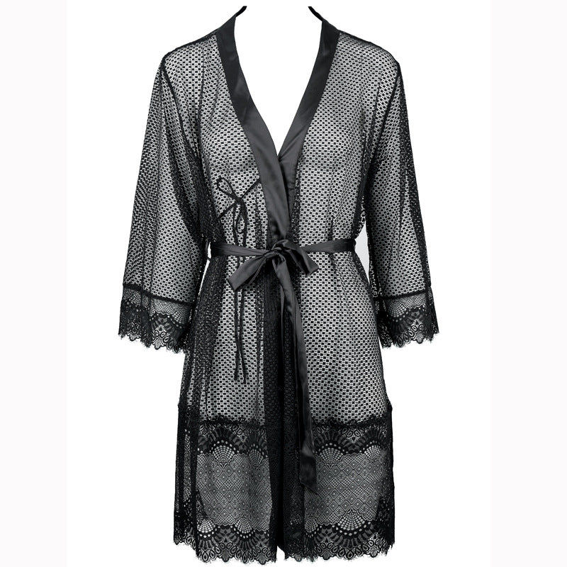 FREEDOMBEAUTY | FQ2830 Flower mesh micro-elastic satin hemming eyelash lace medium sleeve nightgown private room pajamas can be matched with nightgown sexy