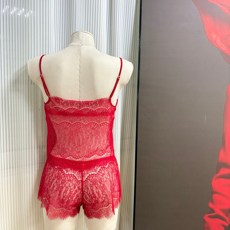 FREEDOMBEAUTY | FQ2870 eyelash lace sling perspective thin hollow women's sex pajamas set black red European and American cross-border