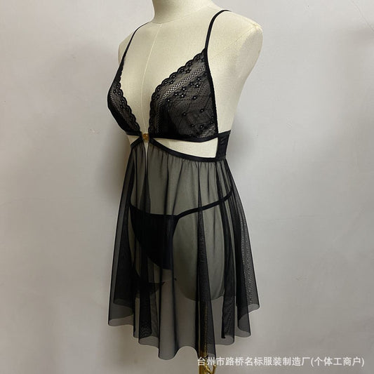 Freedombeauty | 5077 front button sex nightgown, mesh pajamas, transparent pajamas, nightgown