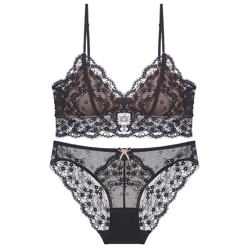 FREEDOMBEAUTY | Summer Sexy Lace Underwear Women's French Thin Thin Shoulder Strap Underwear Triangle Cup Steel Rim Free Bra Set