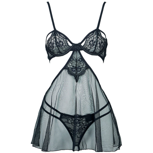 Freedombeauty | FQ2908 eyelash lace rim mesh suspender nightdress black sexy nightdress hollow low waist open crotch thong
