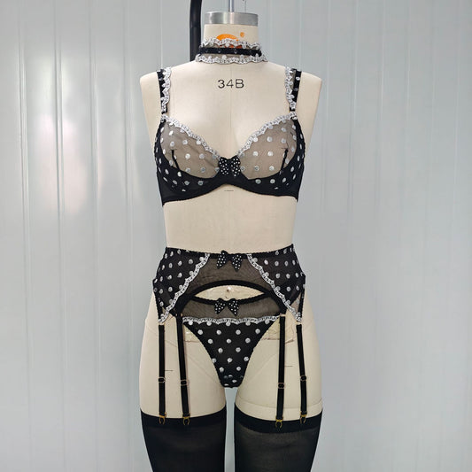 FREEDOMBEAUTY | European and American cross-border new product polka dot embroidery perspective steel tray bra black sexy women's underwear four-piece set in stock