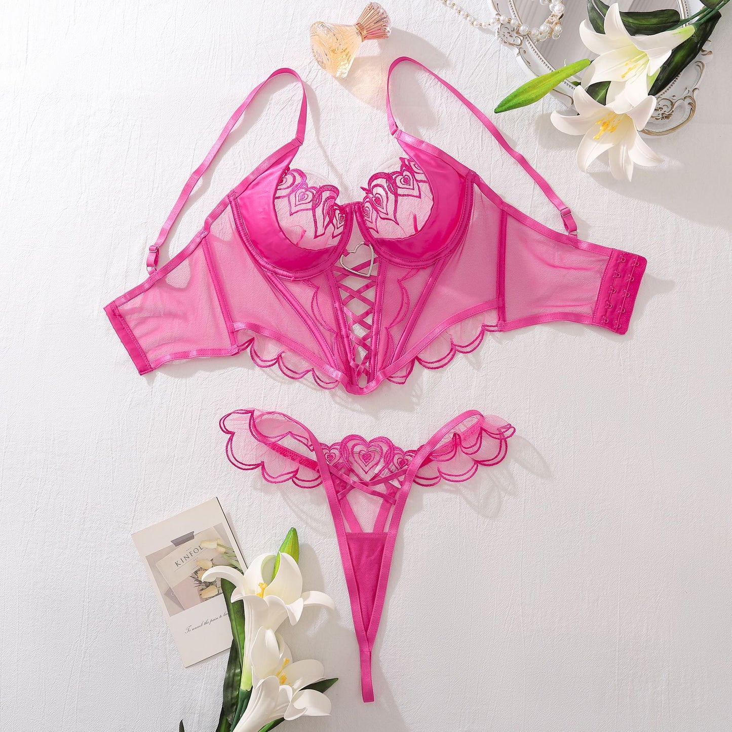 Freedombeauty | New two-piece love-embroidered perspective mesh sexy underwear thong set