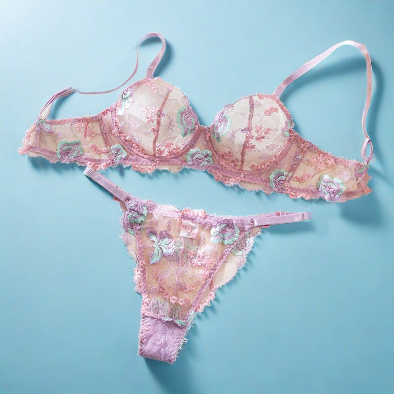 FREEDOMBEAUTY | European and American foreign trade explosion women's sexy single-layer ultra-thin classical embroidery flower steel ring gathering sexy underwear set