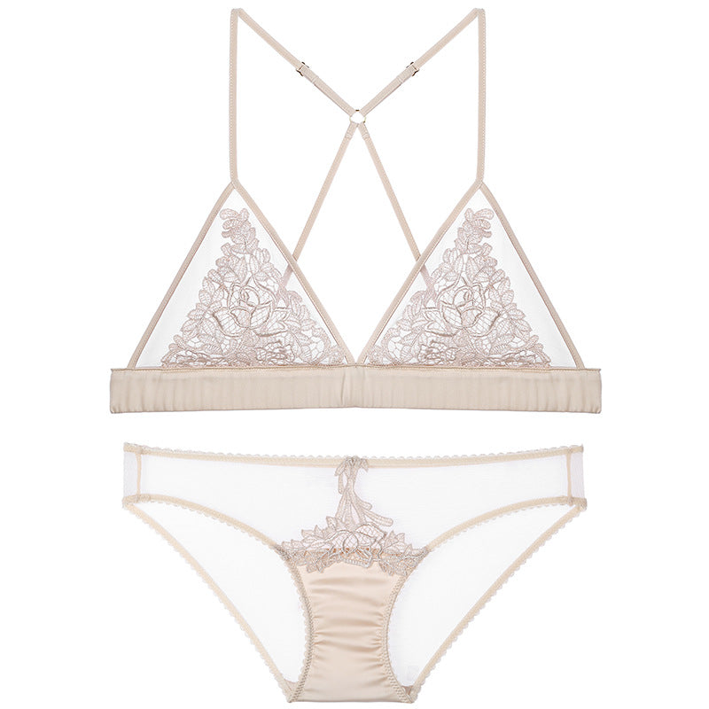 FREEDOMBEAUTY | Factory direct French underwear set small chest thin sexy temptation ultra-thin lace triangle cup no steel ring bra