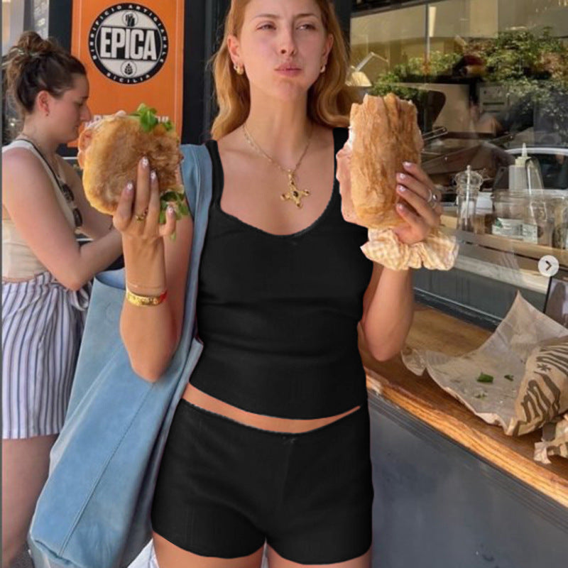 FREEDOMBEAUTY | American Pure Desire Summer Hundred Pagoda Slim-fit Lace Edge Splicing Sleeveless Vest Shorts Cotton-containing Suit Women's Clothing