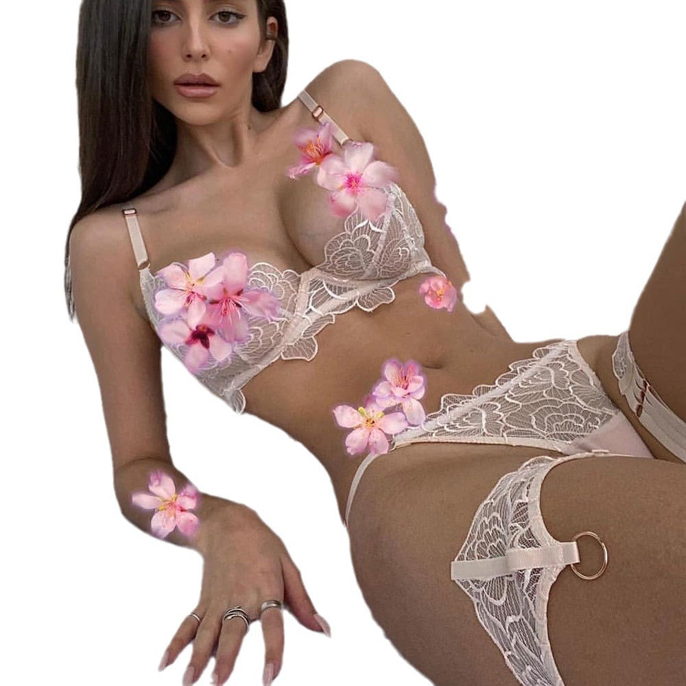 FREEDOMBEAUTY | New popular sexy flower lace mesh splicing transparent three-piece set 3068