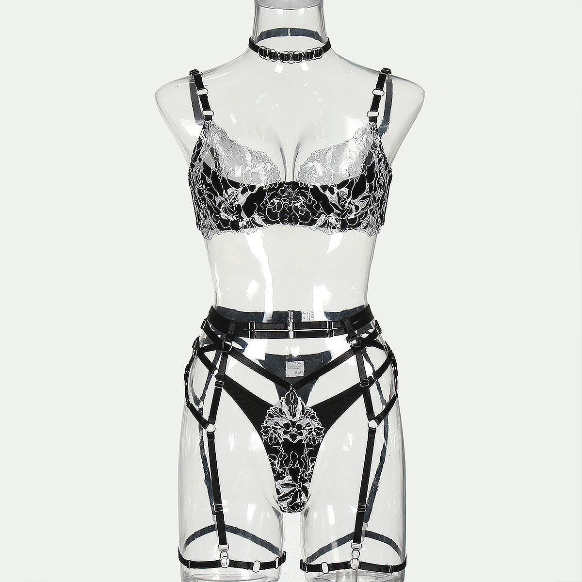 Freedombeauty | New bra complex craft embroidery mesh joint sexy hollow explosive underwear five-piece set