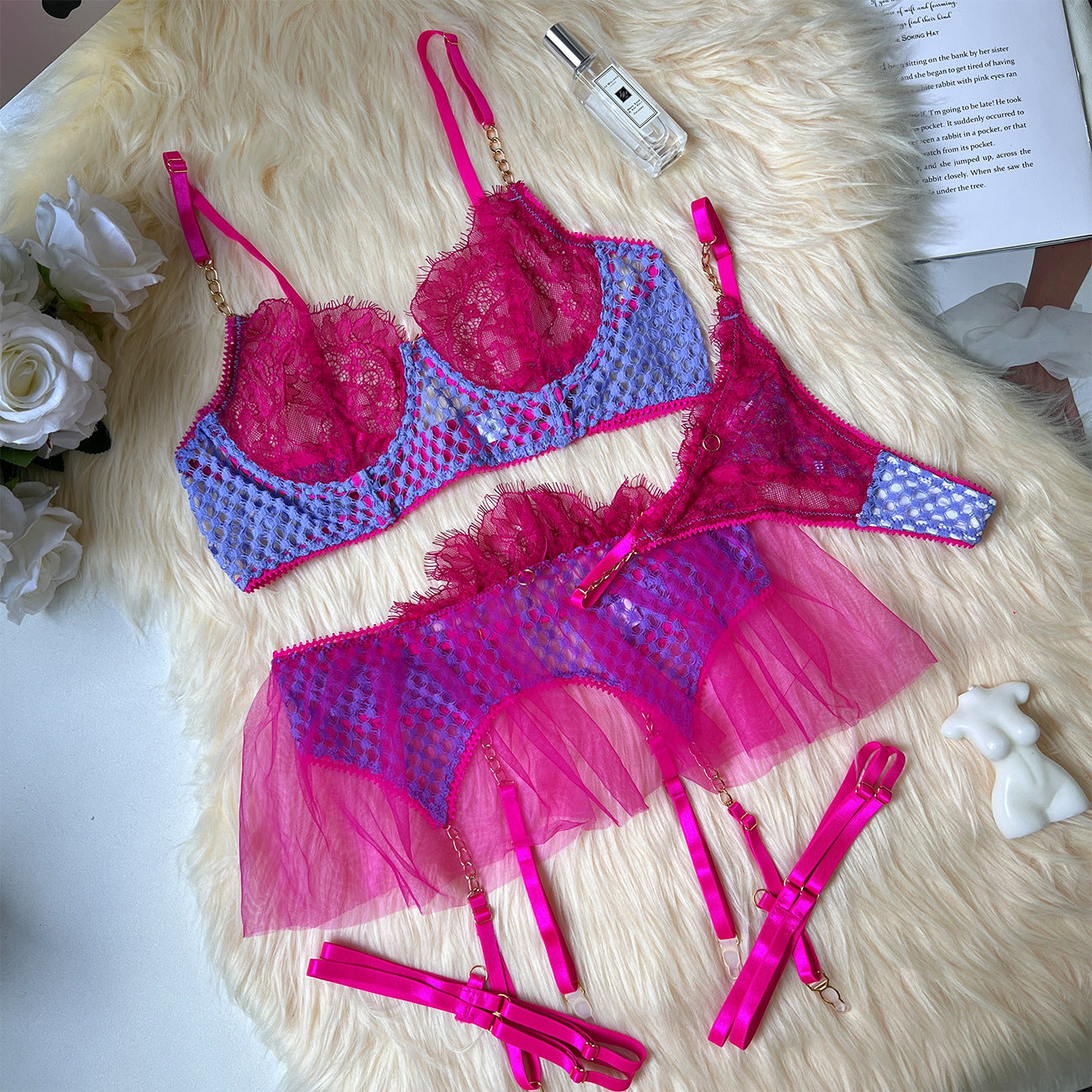 freedombeauty|High-end quality chain women's lace eyelash stitching sexy underwear kit