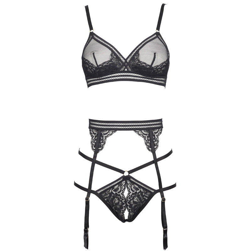 Freedombeauty | FQ2731 Black Lace Glitter Perspective Mesh Sexy Pajamas onesie Triangle Cup Low Waist Panties Garter Belt