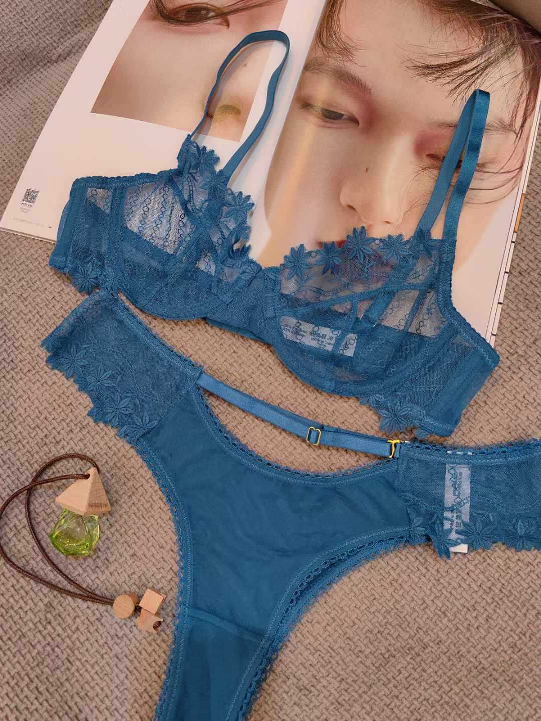 Freedombeauty | Summer underwear anti-sagging sexy mesh lace embroidery hollow comfortable breathable ultra-thin chest small bra set