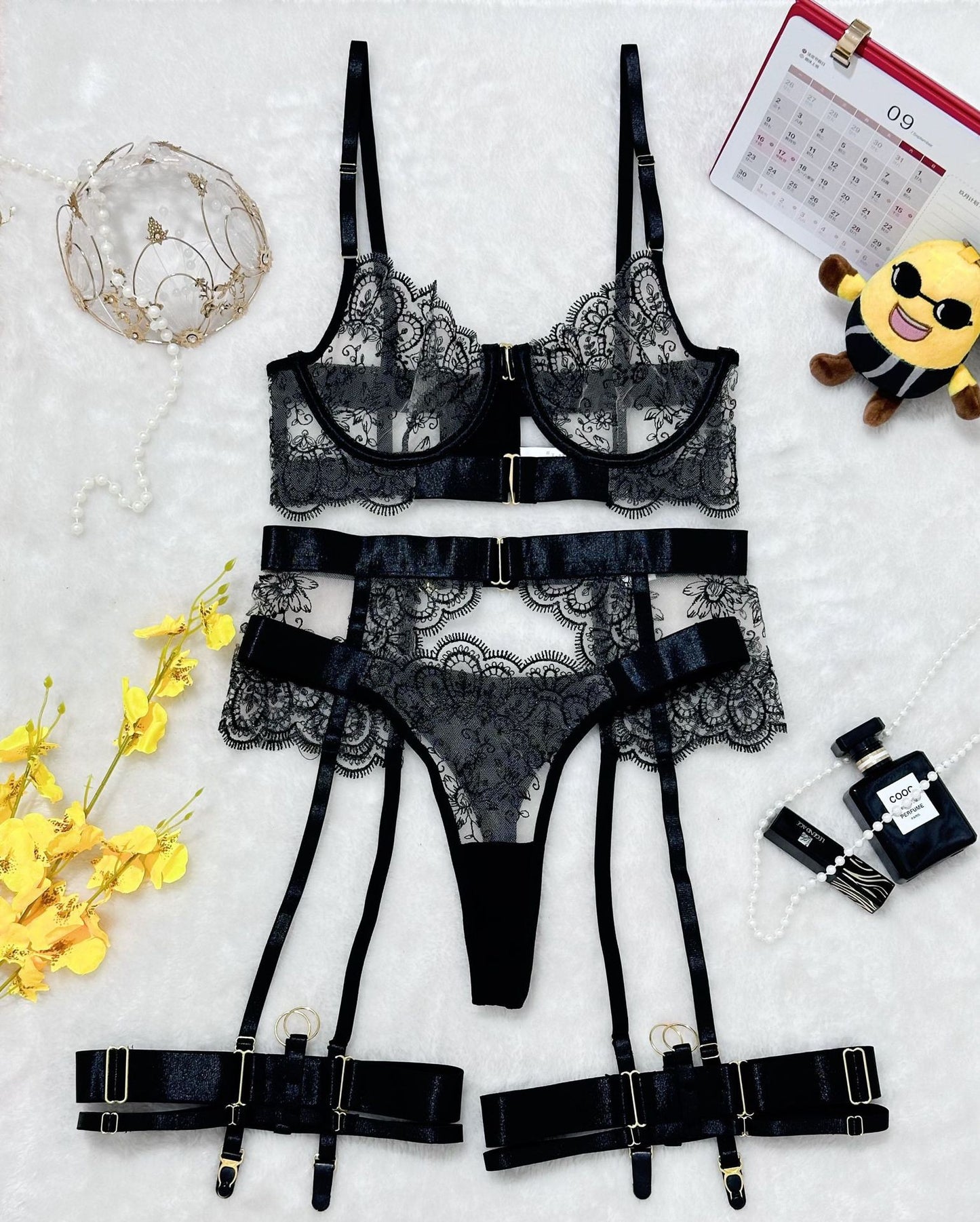 Freedombeauty | New embroidery lingerie embroidery eyelash lace perspective sexy four-piece set