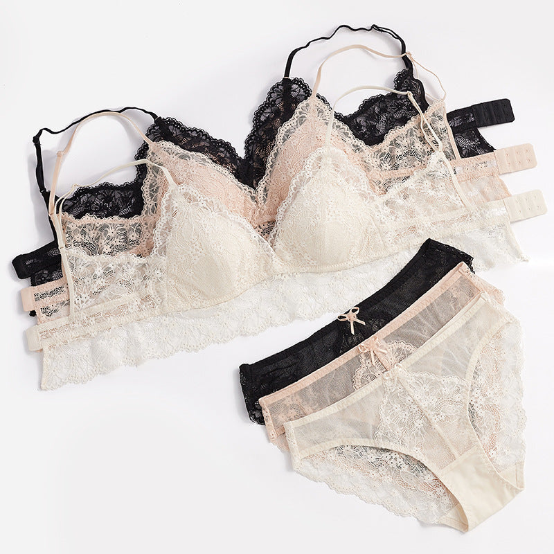 FREEDOMBEAUTY | Summer Sexy Lace Underwear Women's French Thin Thin Shoulder Strap Underwear Triangle Cup Steel Rim Free Bra Set