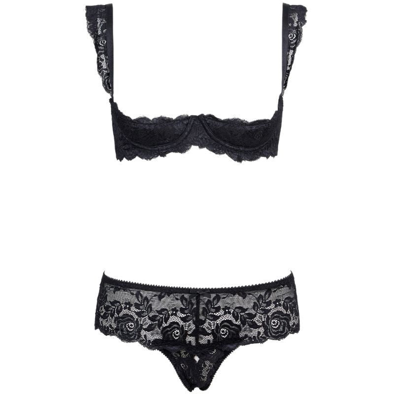 FREEDOMBEAUTY | FQ2618 Lace Sleeves Sponge Chest Pad Free Panties Sex Lingerie Set Female Seduction Black Stockings