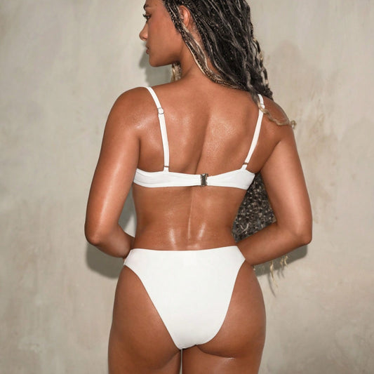 FREEDOMBEAUTY | Solid color metal decorative two-piece bikini set swimsuit women's swimwear factory direct sales