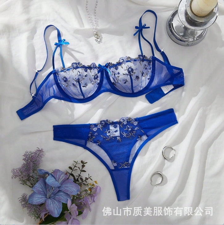 FREEDOMBEAUTY | Y French underwear feminine ink painting embroidery butterfly lace bra set thin cotton cup big breasts show small bra
