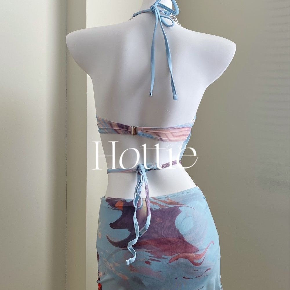 freedombeauty|2024 New Two-Piece Skirt Style Three-Piece Swimsuit Small Chest Underwire Gathered Long Skirt Beach Vacation Swimwear