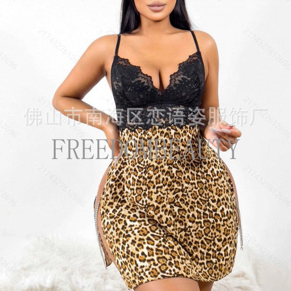 Freedombeauty | Sexy Leopard Print Sexy Lingerie Backless Hot Free off Slip Nightdress Uniform Temptation Flirting Passion Sexy Sleepwear