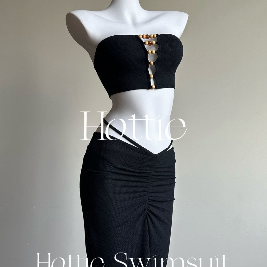 freedombeauty|New Chinese Style Beaded Strapless Two-Piece Long Skirt Bikini Three-Piece Set Sexy Hot Girl Slimming Beach Spa Swimsuit