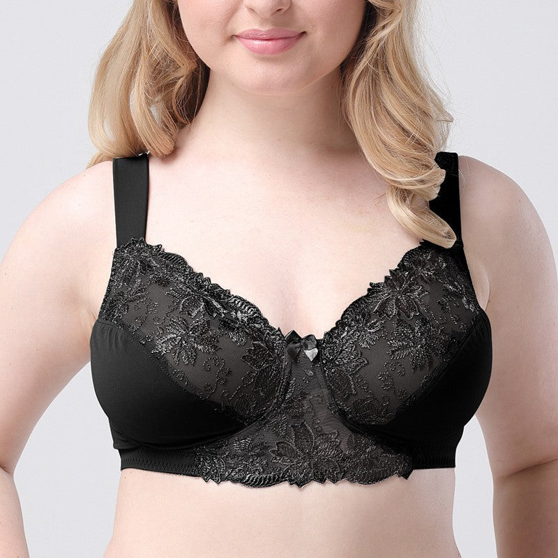Freedombeauty | Wide Shoulder Strap Translucent Lace Embroidery High-End European and American Ultra-Thin Breathable Big Chest Slimming Underwear for Plump Girls