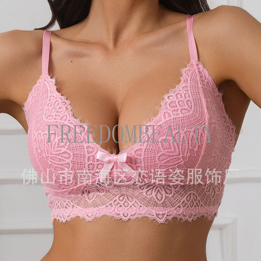 Freedombeauty |/French Style Girl Size Underwear Women's Lace Beautiful Back Thin Bra Girl Triangle Cup Wireless Breathable Bra
