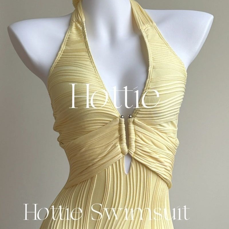 freedombeauty|New High-End Simple Elegant Striped One-Piece Swimsuit Slimming Beach Vacation Swimsuit Yellow Brightening Sexy Summer