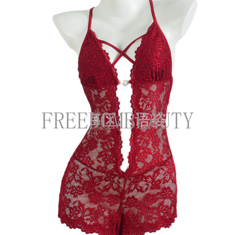 Freedombeauty | Sexy Lingerie Exposed Navel Temptation Diamond Lace Underwear Halter Lace-up Sexy Jumpsuit