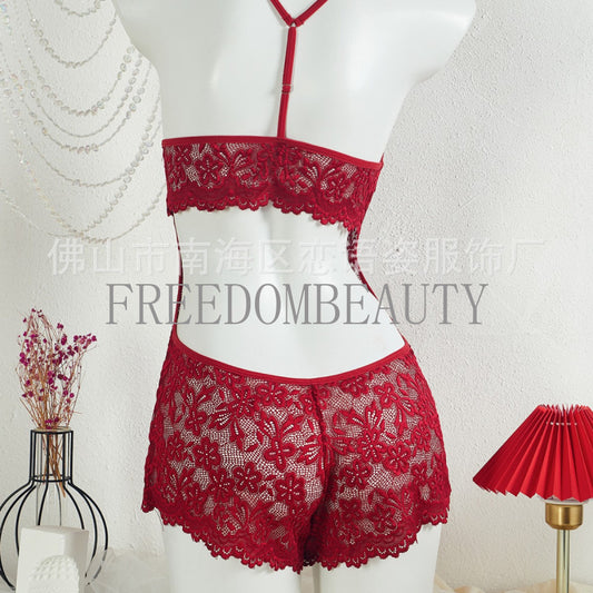 Freedombeauty | Sexy Lingerie Exposed Navel Temptation Diamond Lace Underwear Halter Lace-up Sexy Jumpsuit