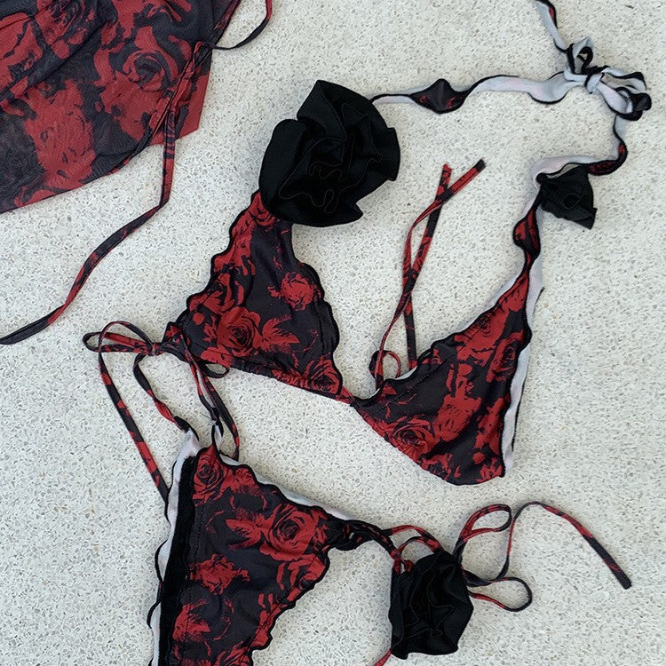 freedombeauty|2024 New Vintage Rose High-End Three-Piece Bikini Skirt Swimsuit Sexy Small Chest Beach Summer