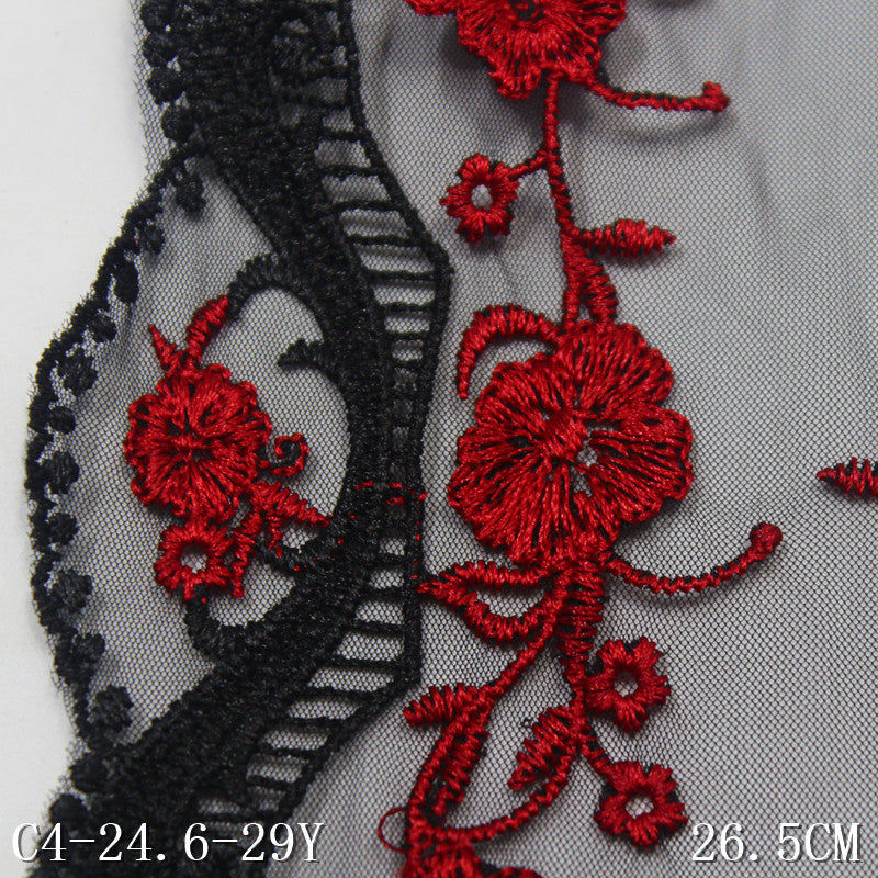 Freedombeauty | Black Red Bilateral Antique Floral Mesh Embroidery 26cm Curtain Sofa Cushion Lace Accessories DIY