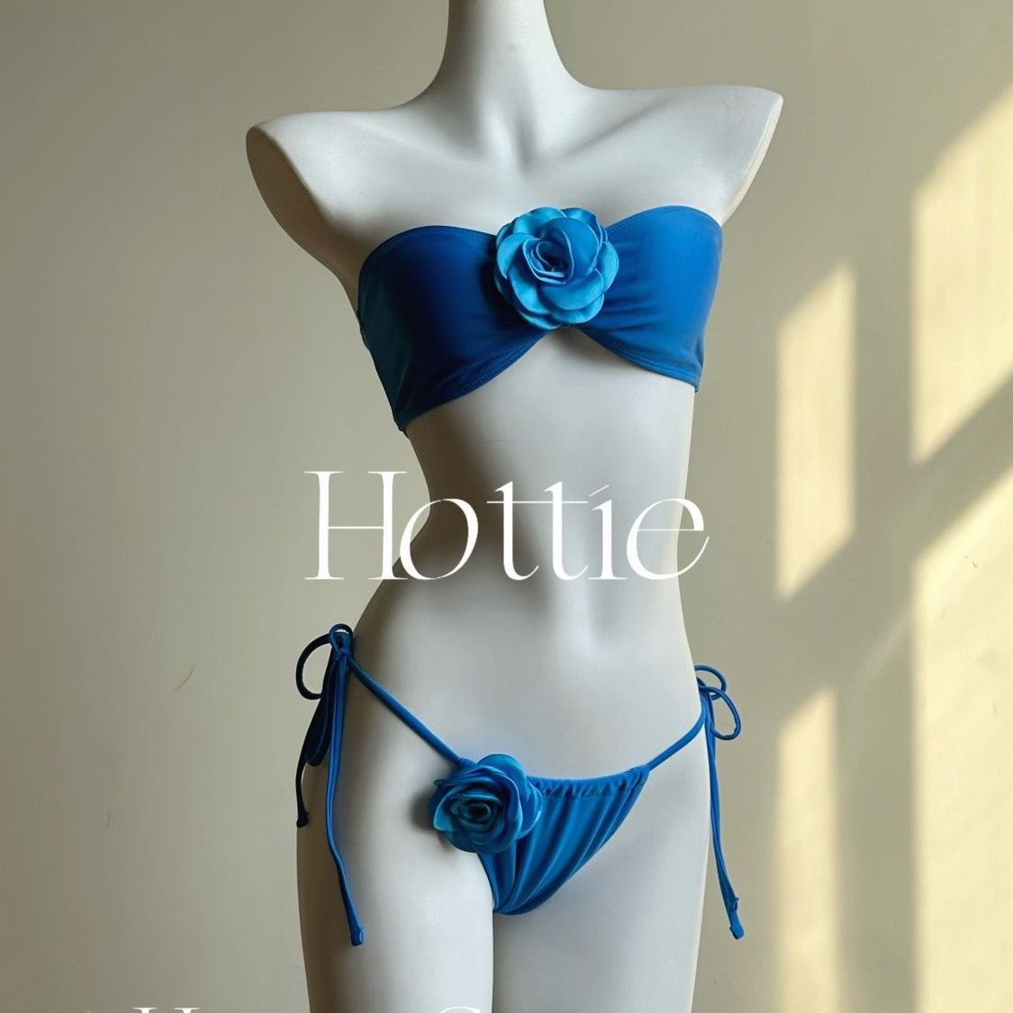 freedombeauty|Thai Atmosphere Blue Knitted Cover-Up Floral Bikini Three-Piece Set Island Vacation Hot Spring Swimwear for Women Summer