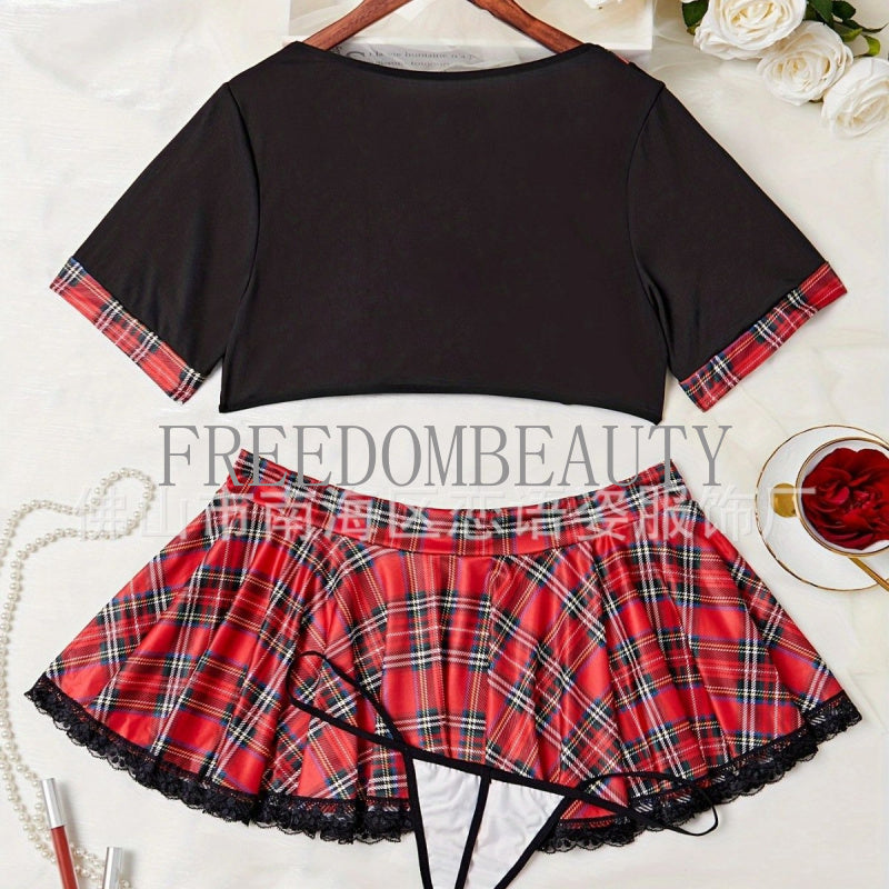 Freedombeauty | Fashion Plaid New Sweet Pure Desire Wind Charm Short Sleeve Sexy Underwear Sexy Sleepwear