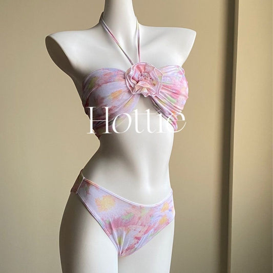 freedombeauty|New Pink Bikini Floral Two-Piece Skirt Swimsuit for Women Three-Piece Set Vacation Beach Small Chest Ins Pure Desire